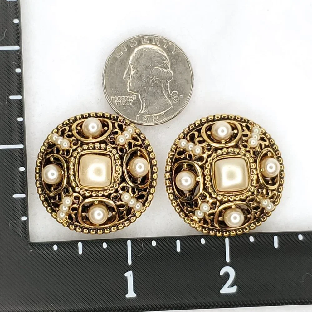 Vintage Carolee Earrings Faux Pearl Filigree Statement Gold Tone Clip On